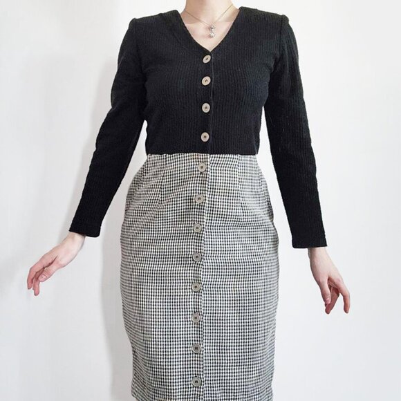Vintage 90s officecore elegant black & grey houndstooth teacher secretary dress - Picture 1 of 14